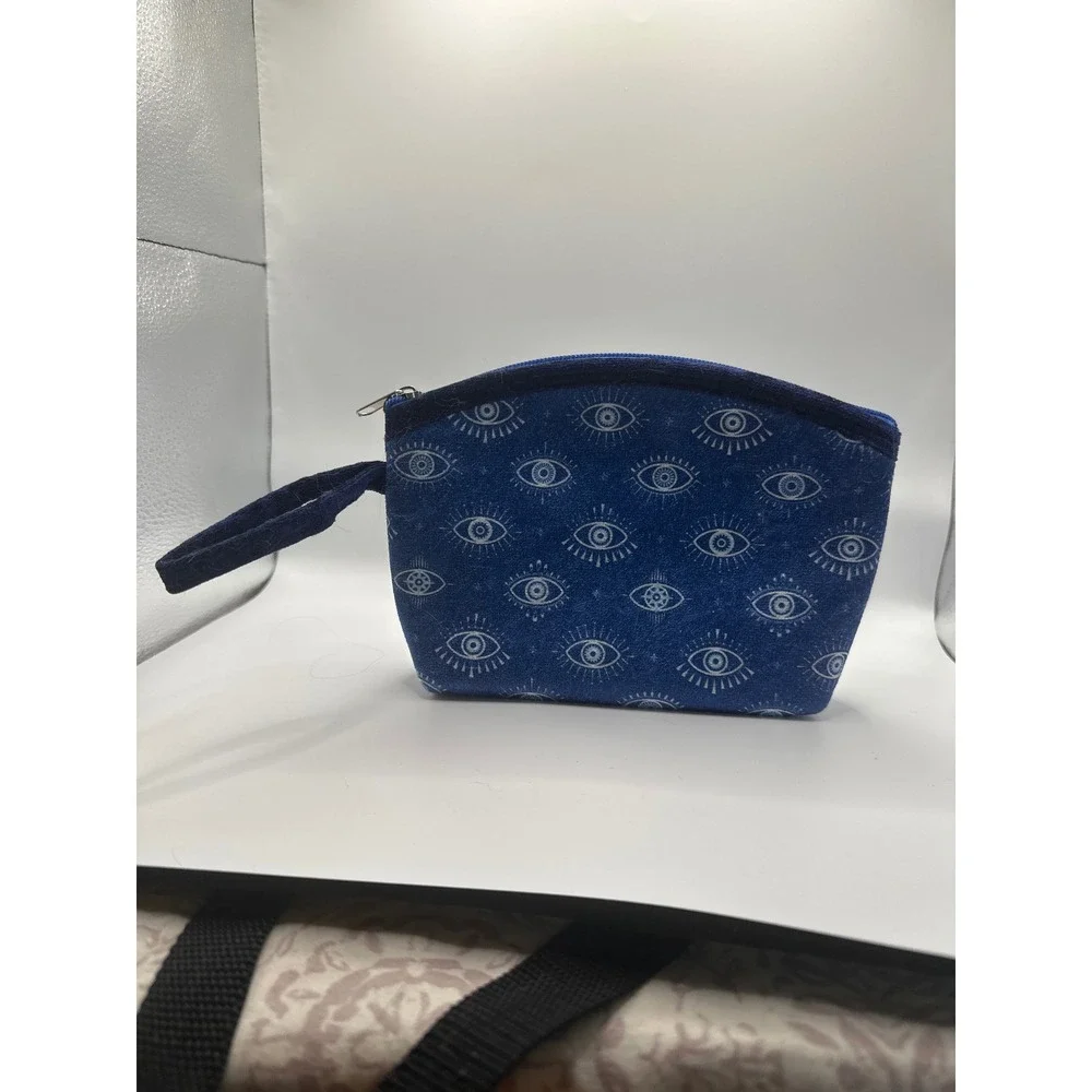 Handmade Evil Eye Wristlet Pouch Navy Blue Mystical Makeup Bag Travel Clutch
